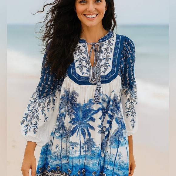 Farm Rio Palm Tree Beach Off-White Mini Dress NWT - Picture 3 of 15